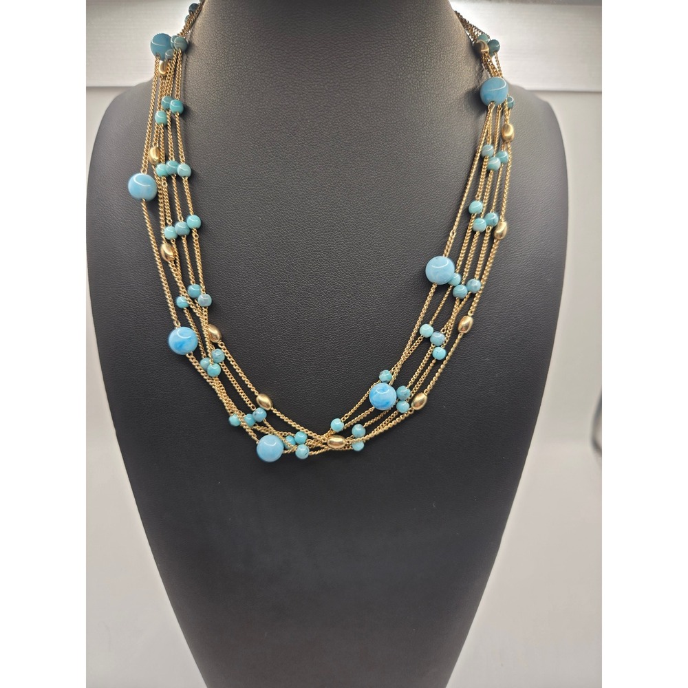 Multi Strand Turquoise Color Bead Gold Tone Necklace 5 Layer Statement 18 Inch